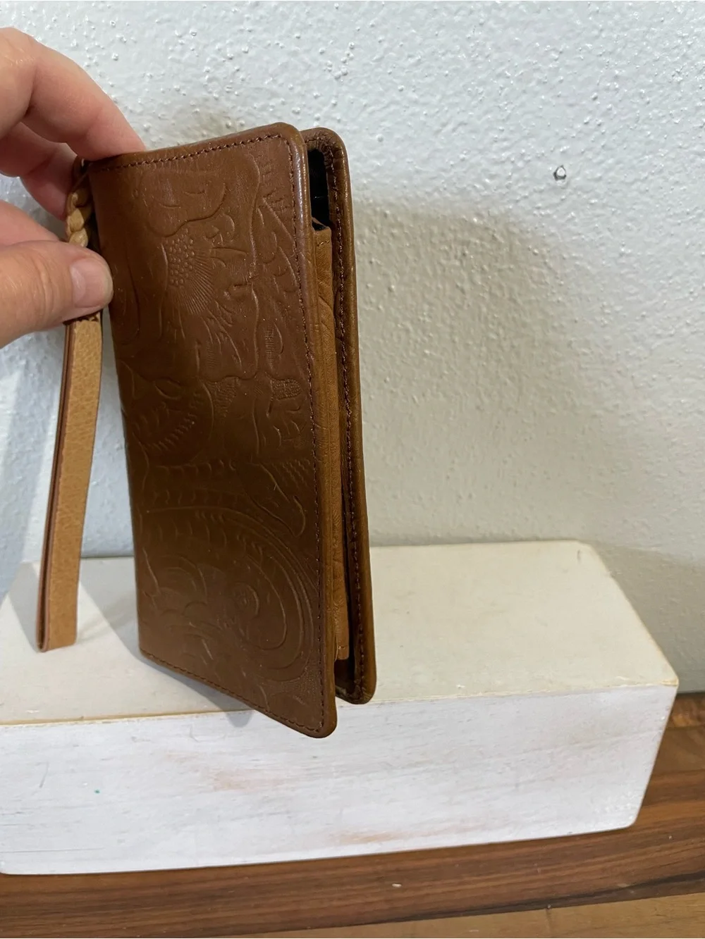 Margot Cognac Leather Cell Phone Wristlet Wallet Embossed Floral Snap Western
